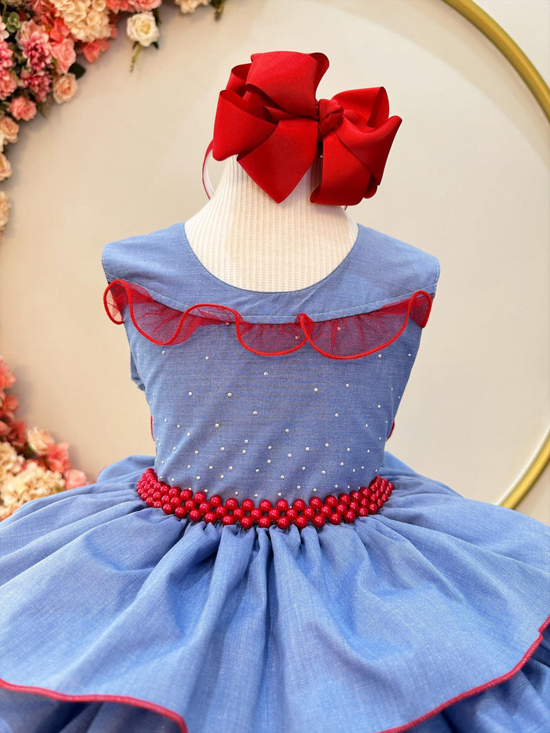 Vestido Infantil Azul Busto Strass e Saia Com Babado Luxo