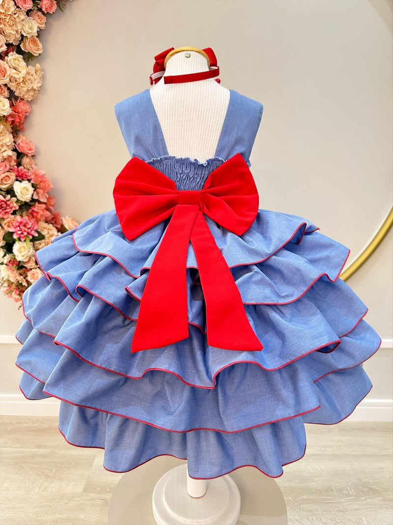 Vestido Infantil Azul Busto Strass e Saia Com Babado Luxo