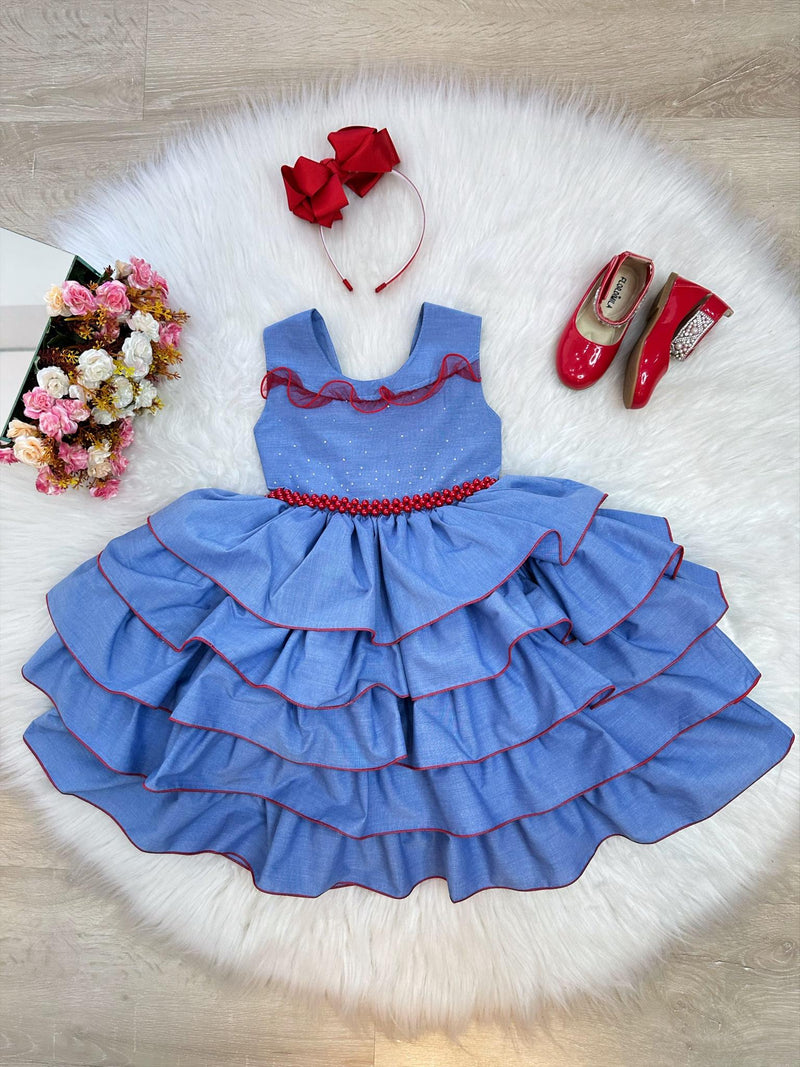 Vestido Infantil Azul Busto Strass e Saia Com Babado Luxo