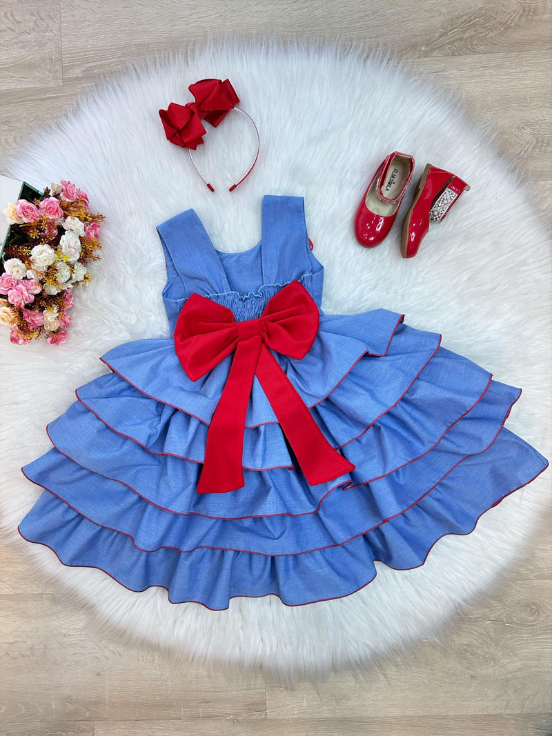 Vestido Infantil Azul Busto Strass e Saia Com Babado Luxo