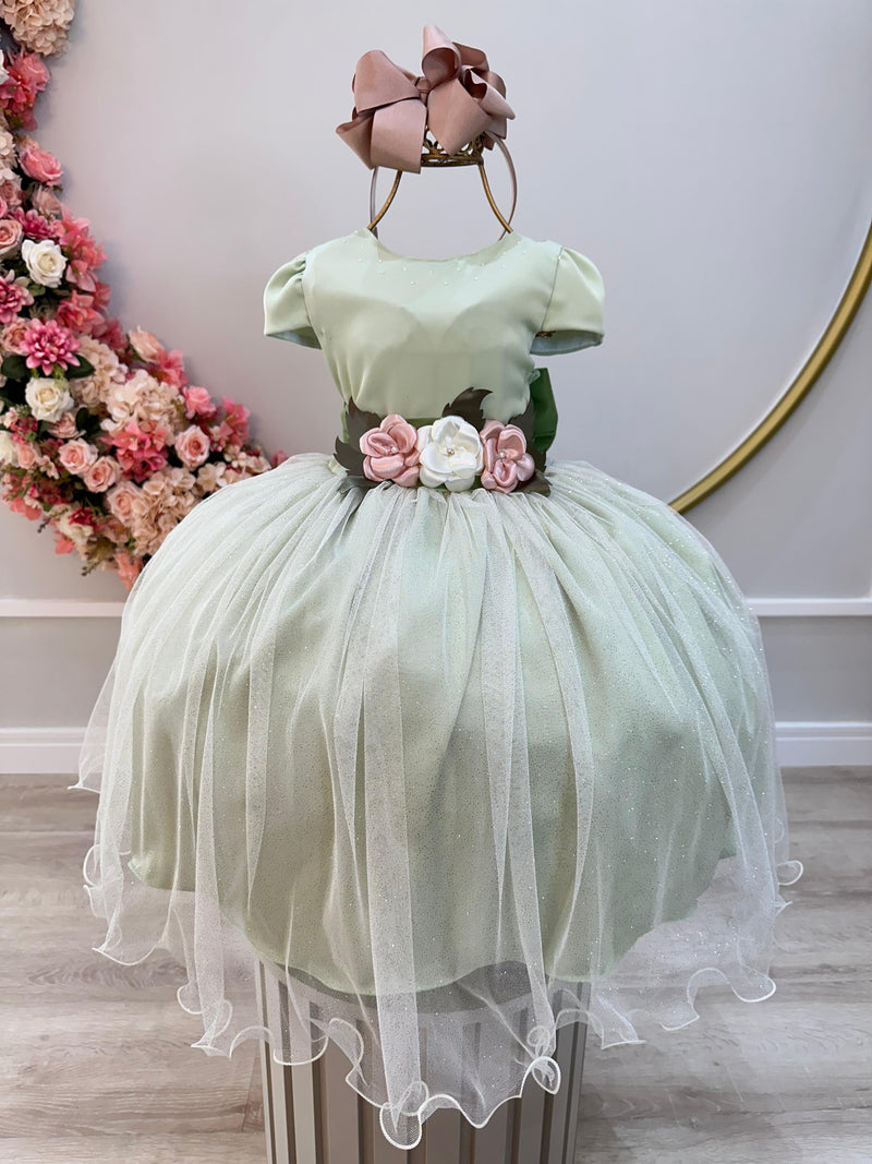 Vestido Infantil Verde Damas C/ Renda e Broche de Flores