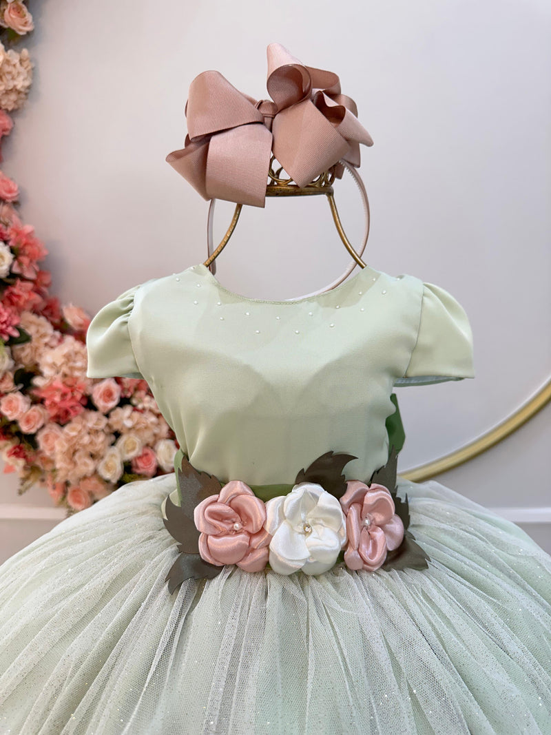 Vestido Infantil Verde Damas C/ Renda e Broche de Flores