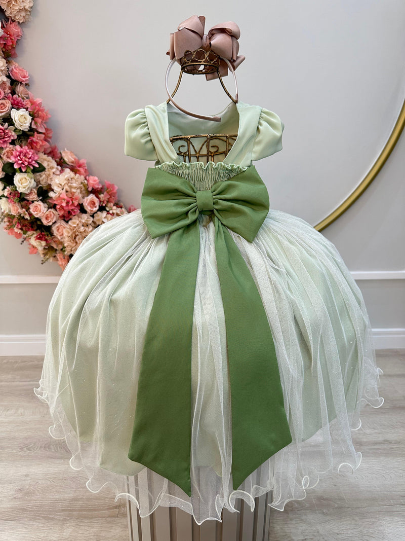 Vestido Infantil Verde Damas C/ Renda e Broche de Flores