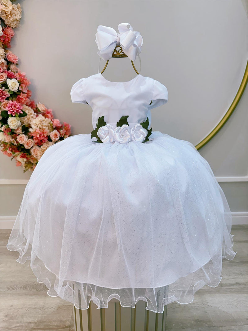 Vestido Infantil Branco Damas C/ Renda e Broche de Flores