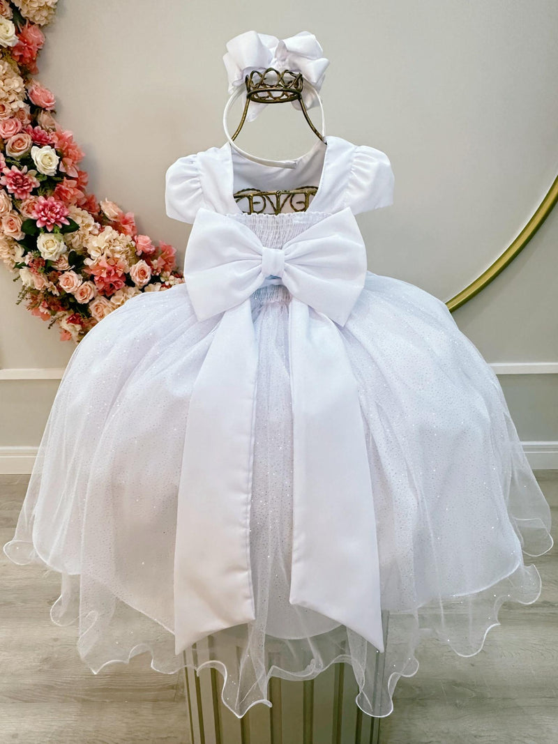 Vestido Infantil Branco Damas C/ Renda e Broche de Flores