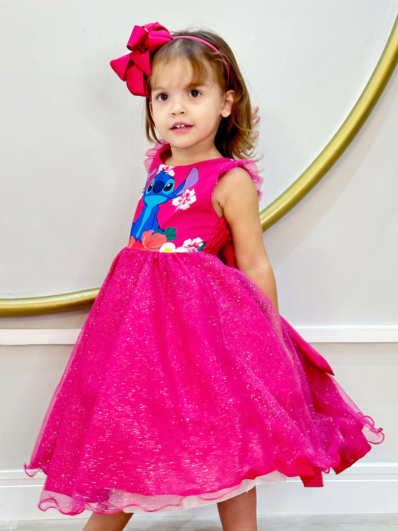 Vestido Infantil Lilo Stitch Rosa C/ Cinto de Pérolas Festas (0678PK)