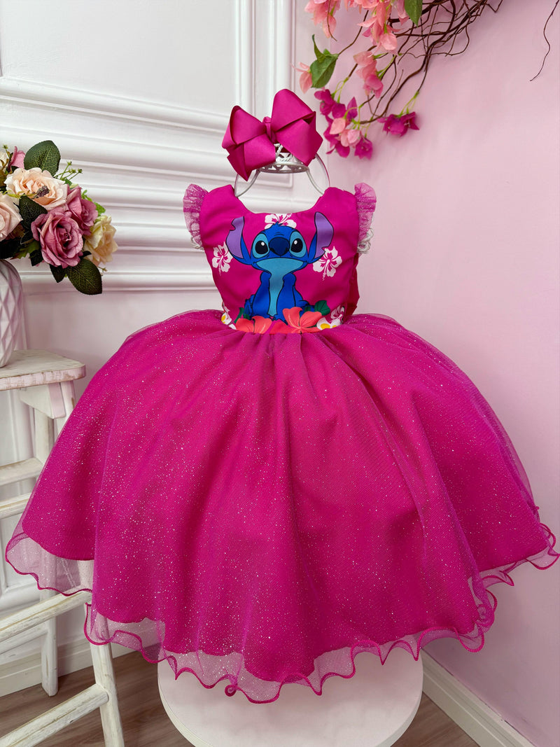 Vestido Infantil Lilo Stitch Rosa C/ Cinto de Pérolas Festas (0678PK)