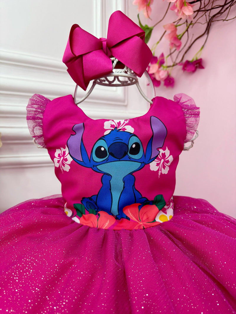 Vestido Infantil Lilo Stitch Rosa C/ Cinto de Pérolas Festas (0678PK)