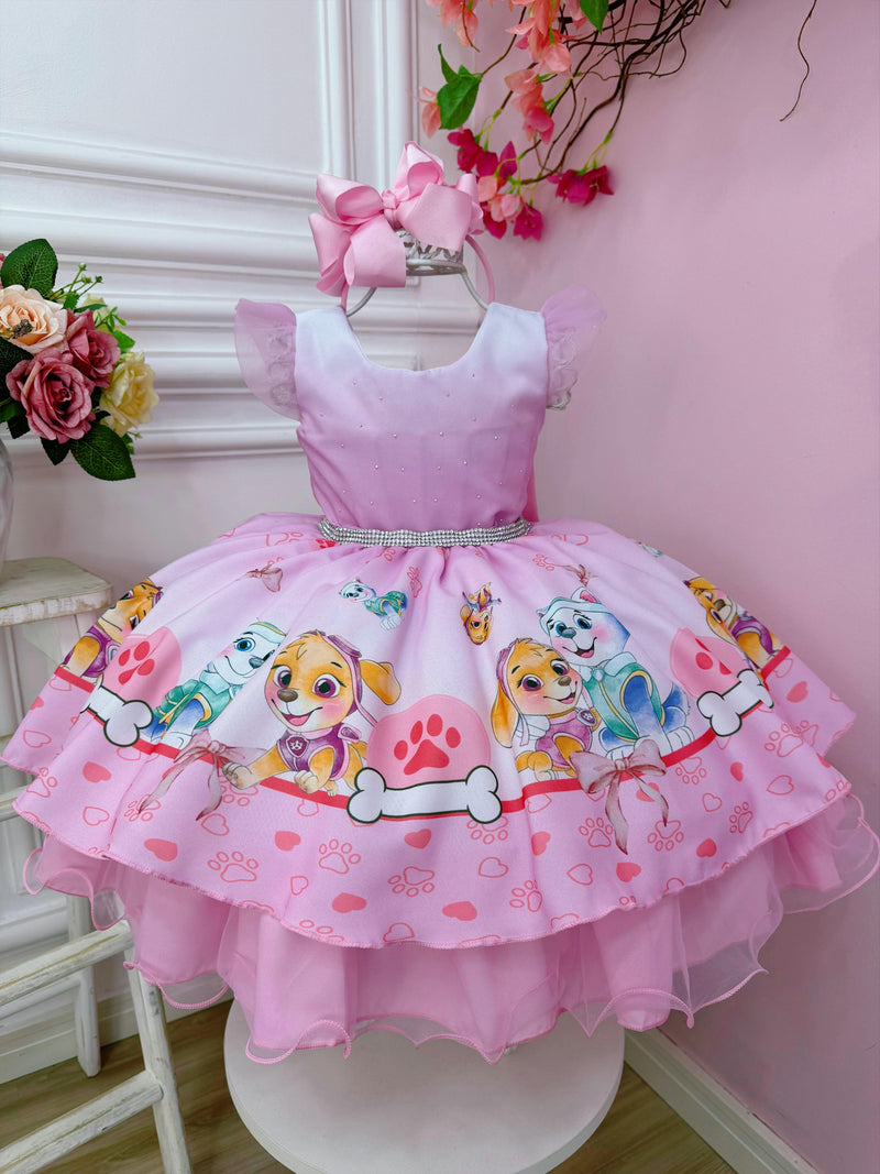 Vestido Infantil Patrulha Canina Sky Rosa C/ Strass Busto