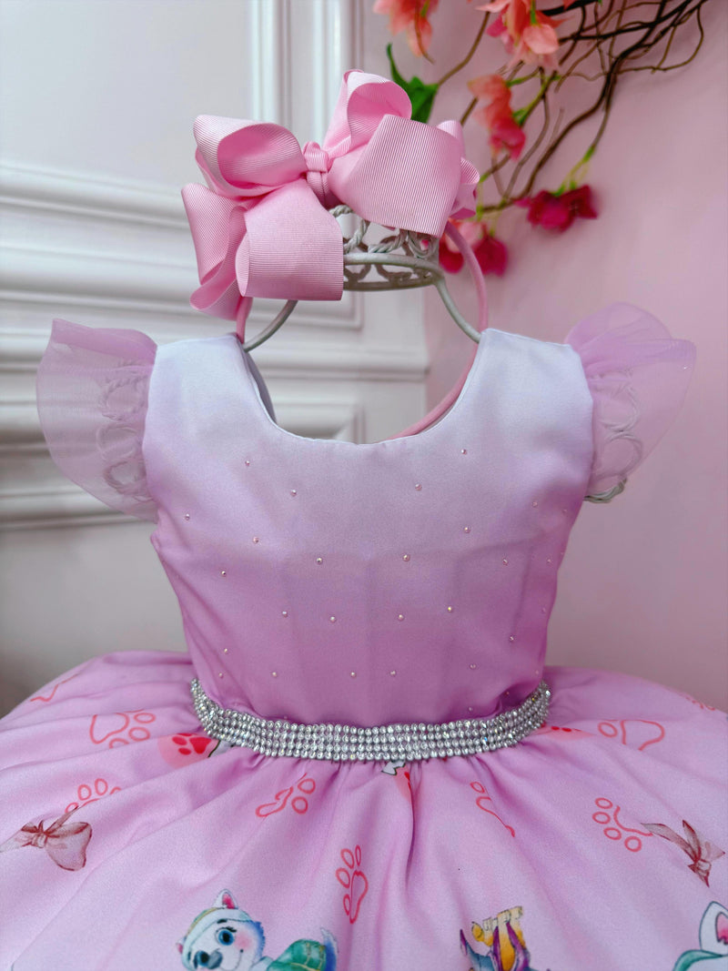 Vestido Infantil Patrulha Canina Sky Rosa C/ Strass Busto