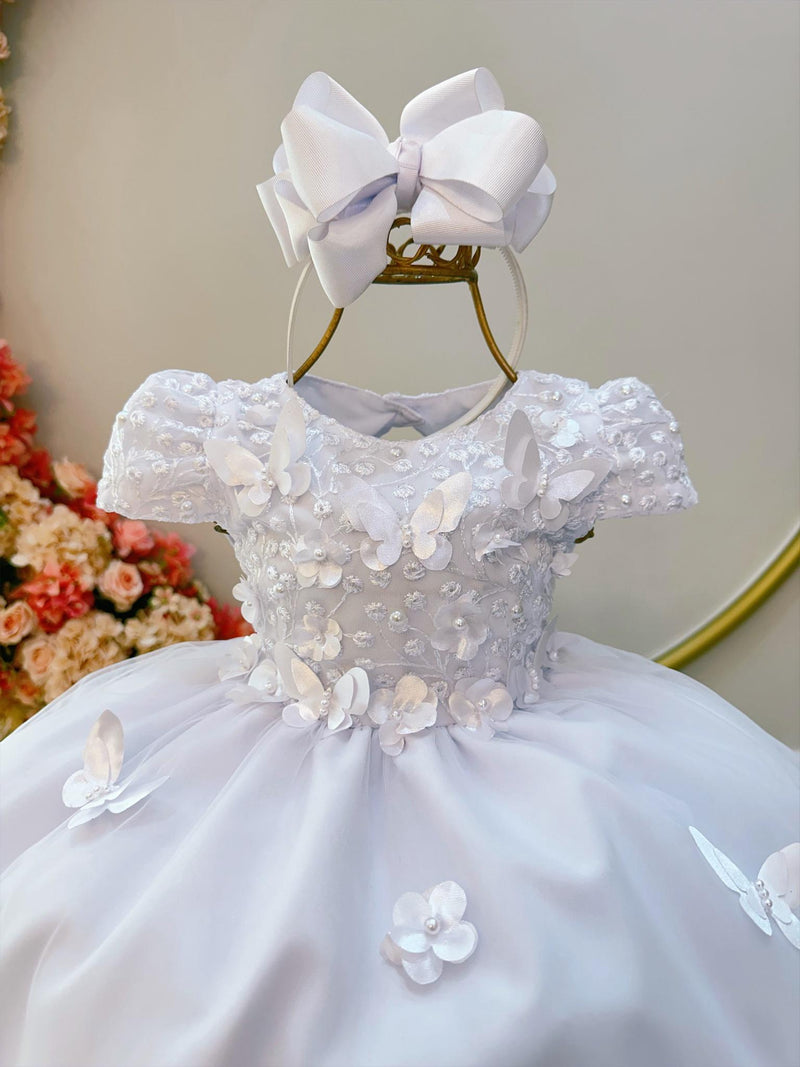 Vestido Infantil Branco C/ Renda e Aplique de Flores Borboletas