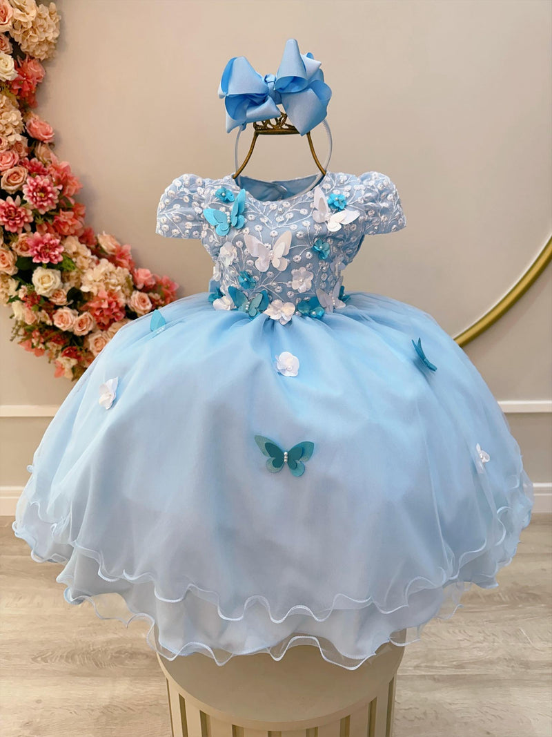 Vestido Infantil Azul C/ Renda e Aplique de Flores Borboletas