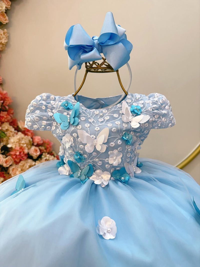 Vestido Infantil Azul C/ Renda e Aplique de Flores Borboletas