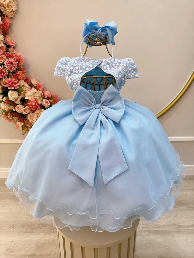 Vestido Infantil Azul C/ Renda e Aplique de Flores Borboletas