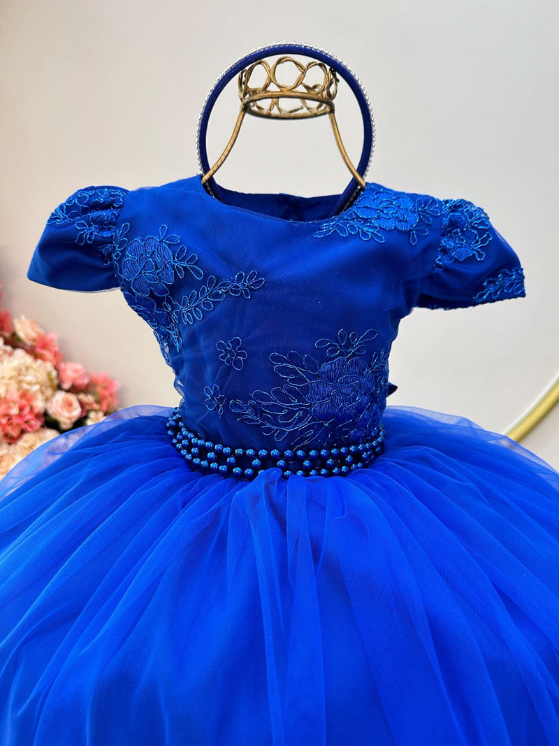 Vestido Infantil Azul Royal C/ Renda Metalizada C/ Tiara