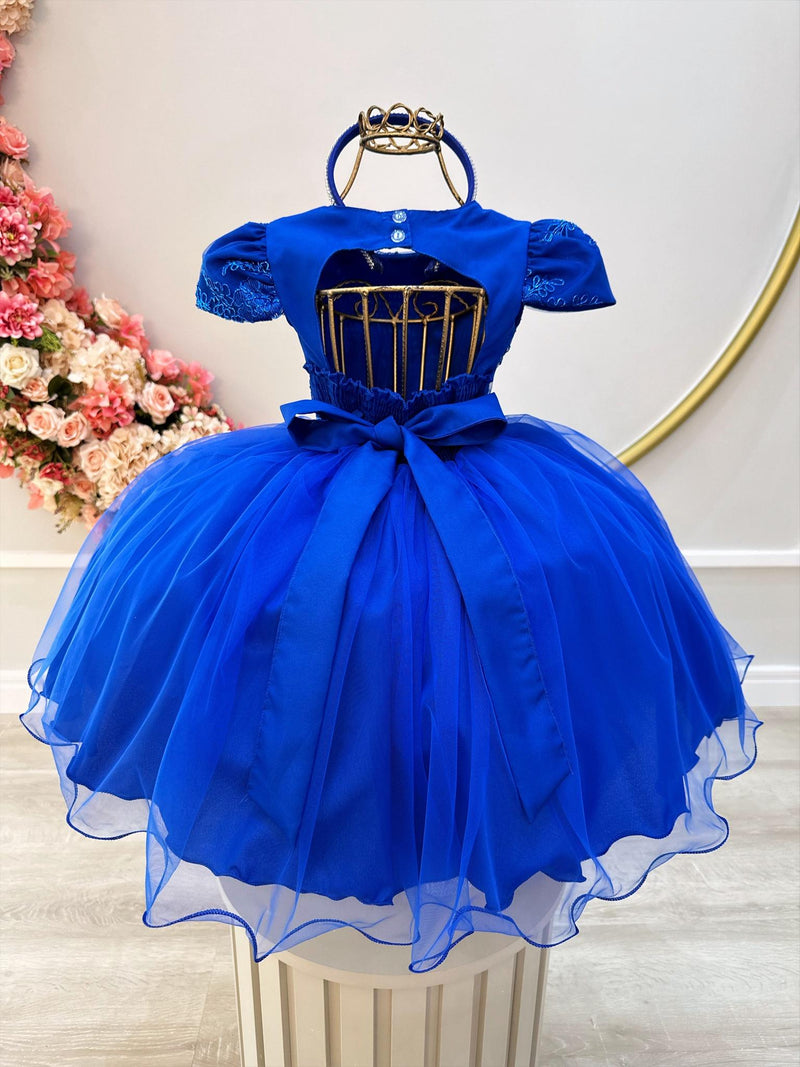 Vestido Infantil Azul Royal C/ Renda Metalizada C/ Tiara