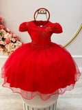 Vestido Infantil Vermelho C/ Renda Metalizada C/ Tiara