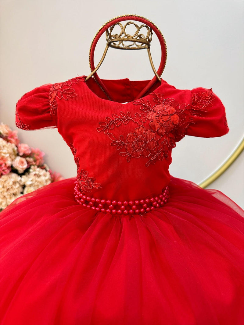 Vestido Infantil Vermelho C/ Renda Metalizada C/ Tiara