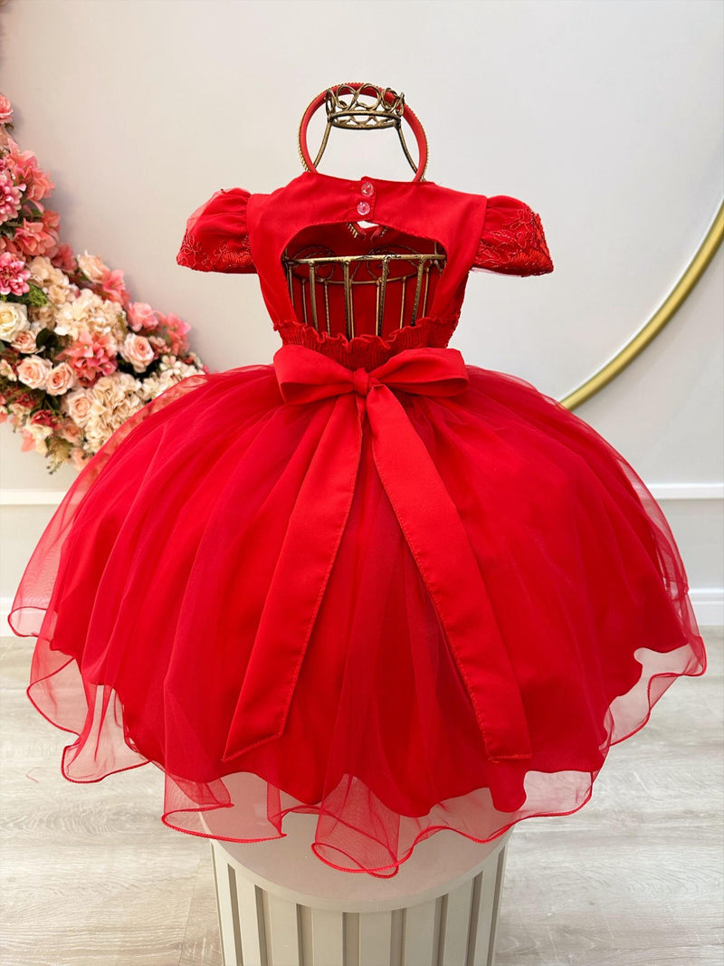 Vestido Infantil Vermelho C/ Renda Metalizada C/ Tiara