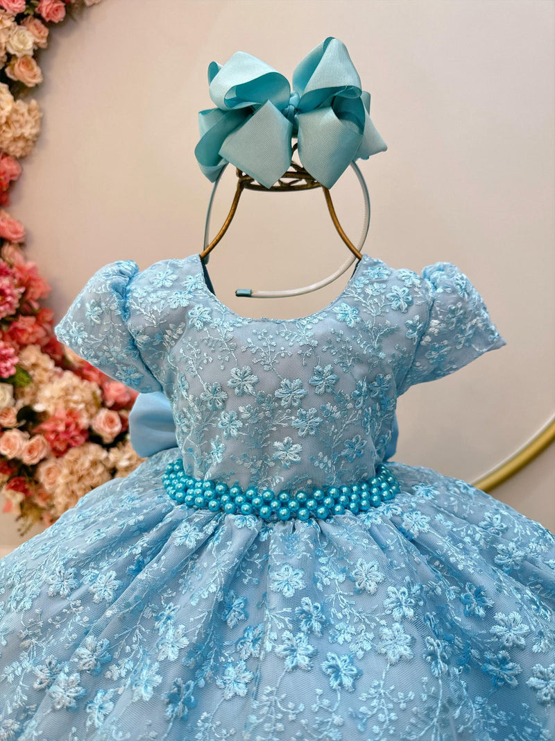 Vestido Infantil Azul Tule C/ Renda Florido Cinto de Pérolas