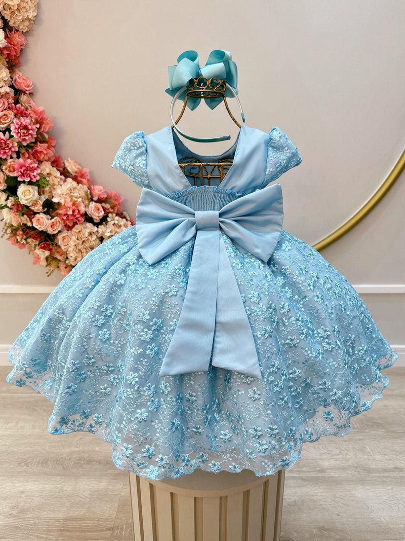 Vestido Infantil Azul Tule C/ Renda Florido Cinto de Pérolas