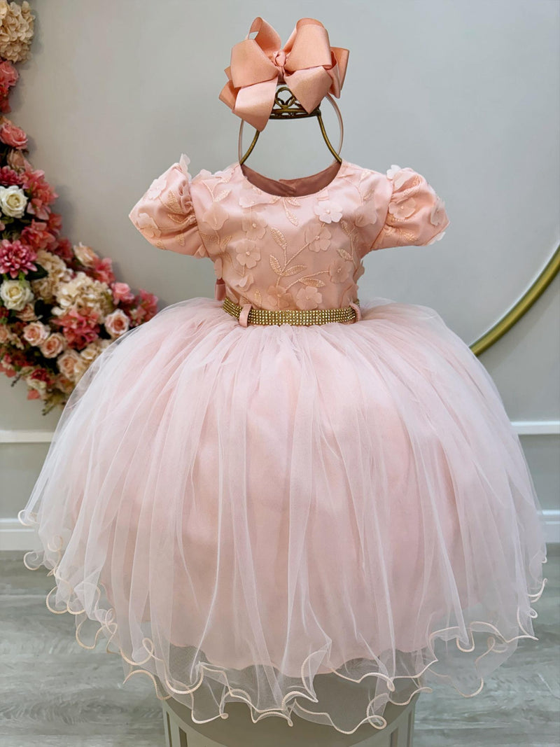 Vestido Infantil Salmão Bordado e Apliques de Flores Pérolas