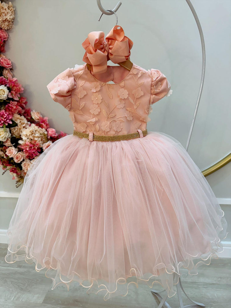 Vestido Infantil Salmão Bordado e Apliques de Flores Pérolas