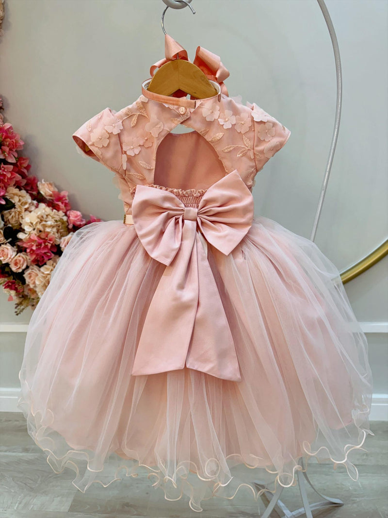 Vestido Infantil Salmão Bordado e Apliques de Flores Pérolas