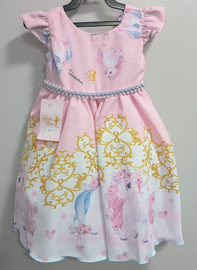 Vestido Infantil Unicórnio Rosa Com Cinto de Pérolas Festas