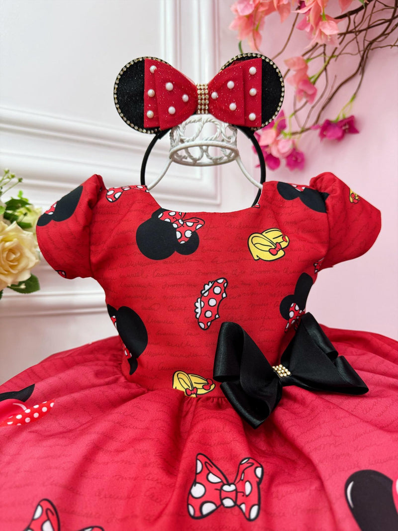 Vestido Infantil Vermelho Festa da Minnie C/ Broche Luxo