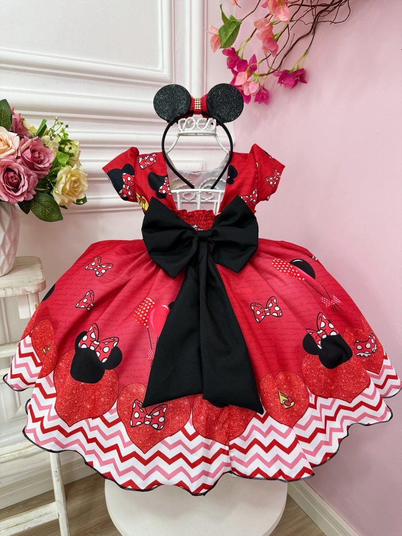 Vestido Infantil Vermelho Festa da Minnie C/ Broche Luxo