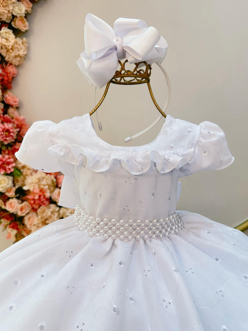 Vestido Infantil Branco Laise C/ Babados e Cinto de Pérolas