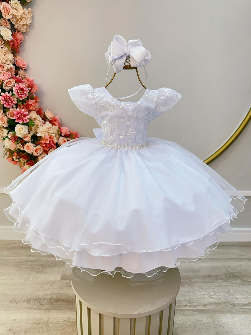 Vestido Infantil Branco Glitter C/ Renda e Cinto de Pérolas