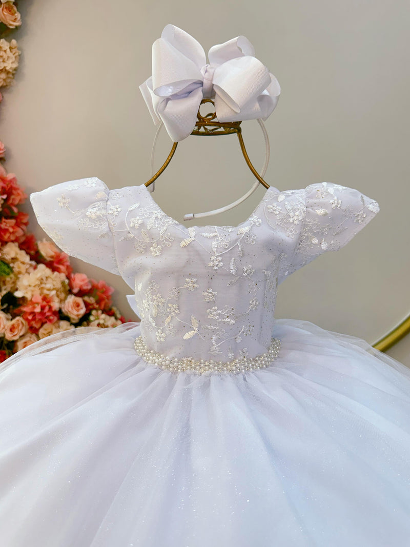 Vestido Infantil Branco Glitter C/ Renda e Cinto de Pérolas