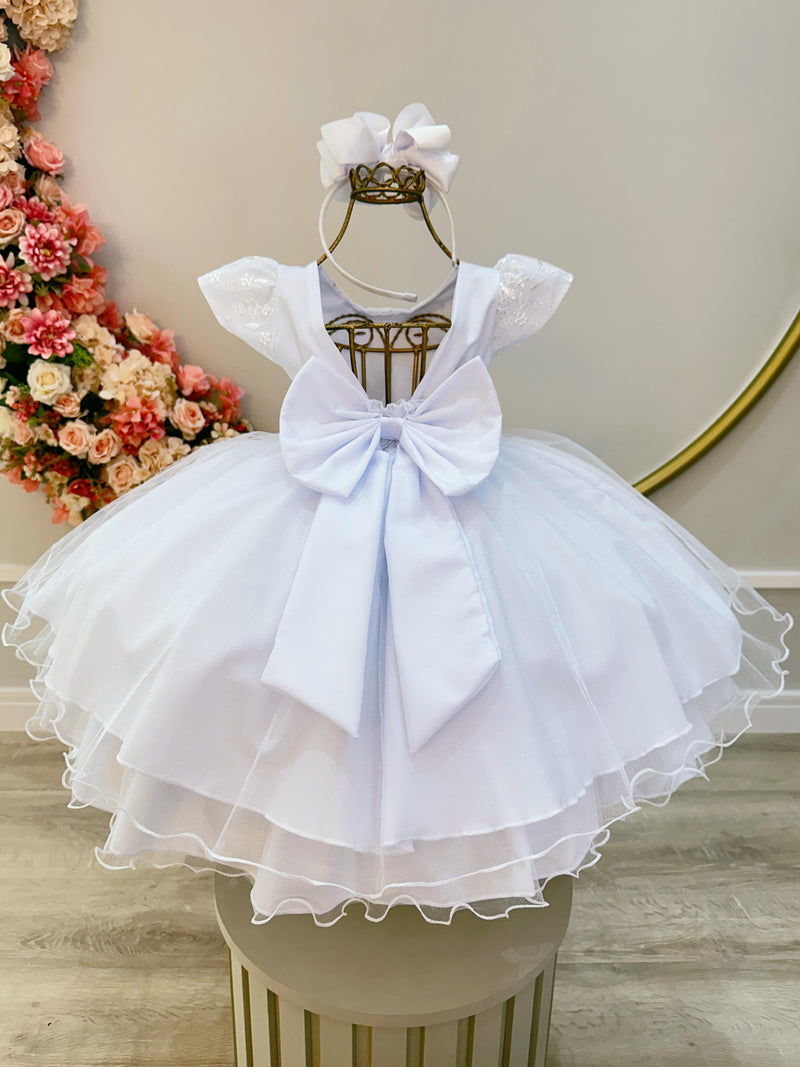 Vestido Infantil Branco Glitter C/ Renda e Cinto de Pérolas