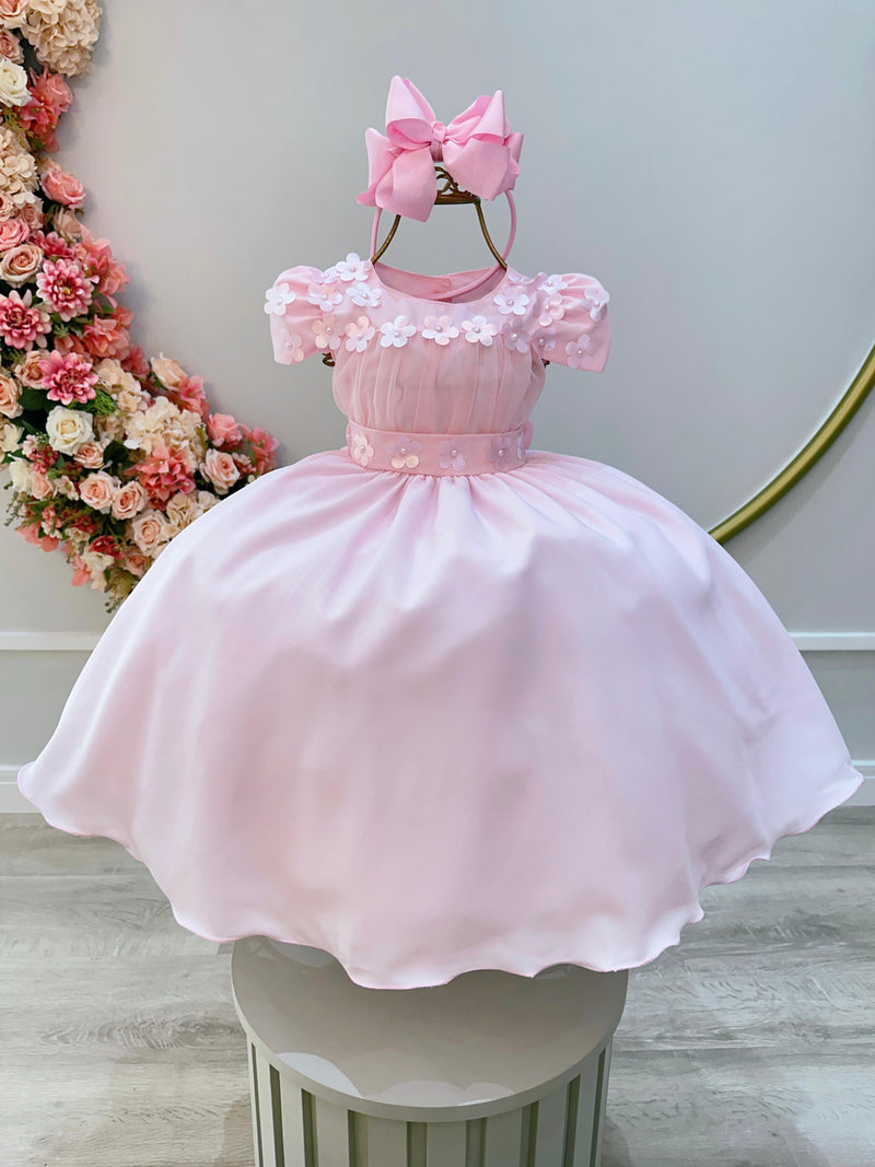 Vestido Infantil Rosa Bebê C/ Busto Tule e Aplique de Flores