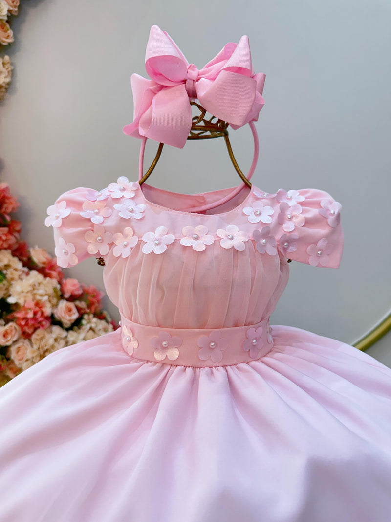 Vestido Infantil Rosa Bebê C/ Busto Tule e Aplique de Flores