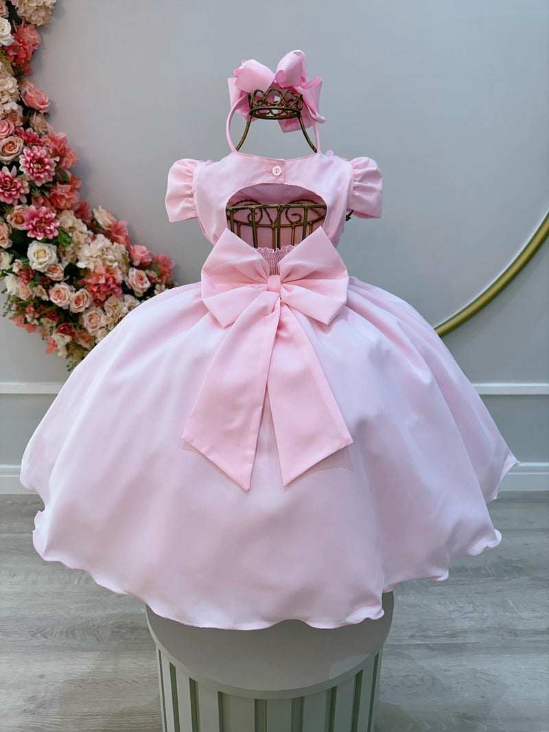 Vestido Infantil Rosa Bebê C/ Busto Tule e Aplique de Flores