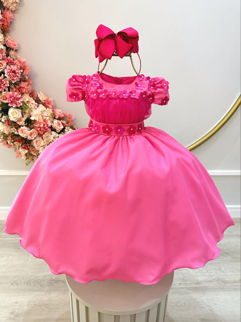 Vestido Infantil Rosa C/ Busto Tule e Aplique de Flores