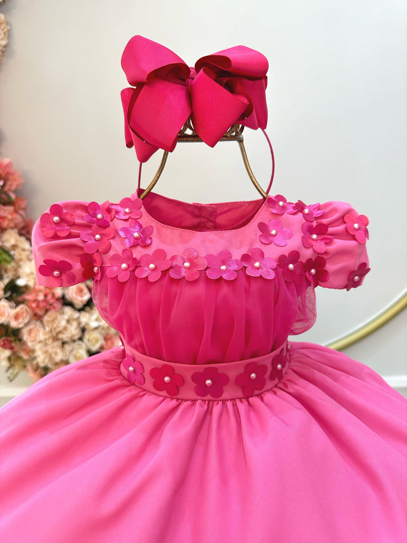 Vestido Infantil Rosa C/ Busto Tule e Aplique de Flores