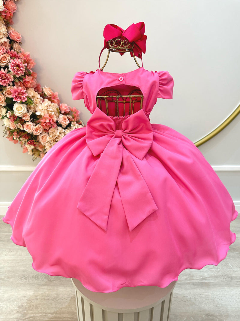 Vestido Infantil Rosa C/ Busto Tule e Aplique de Flores