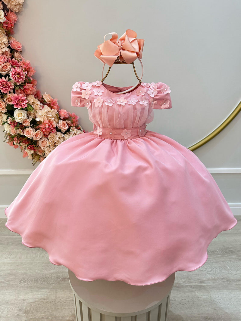 Vestido Infantil Rosa C/ Busto Tule e Aplique de Flores