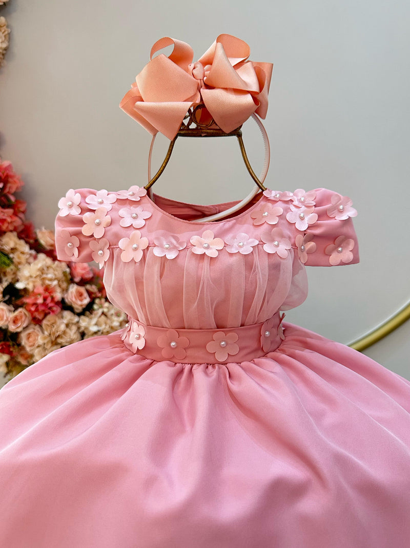 Vestido Infantil Rosa C/ Busto Tule e Aplique de Flores