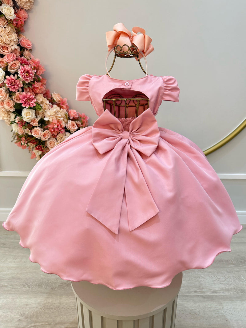 Vestido Infantil Rosa C/ Busto Tule e Aplique de Flores