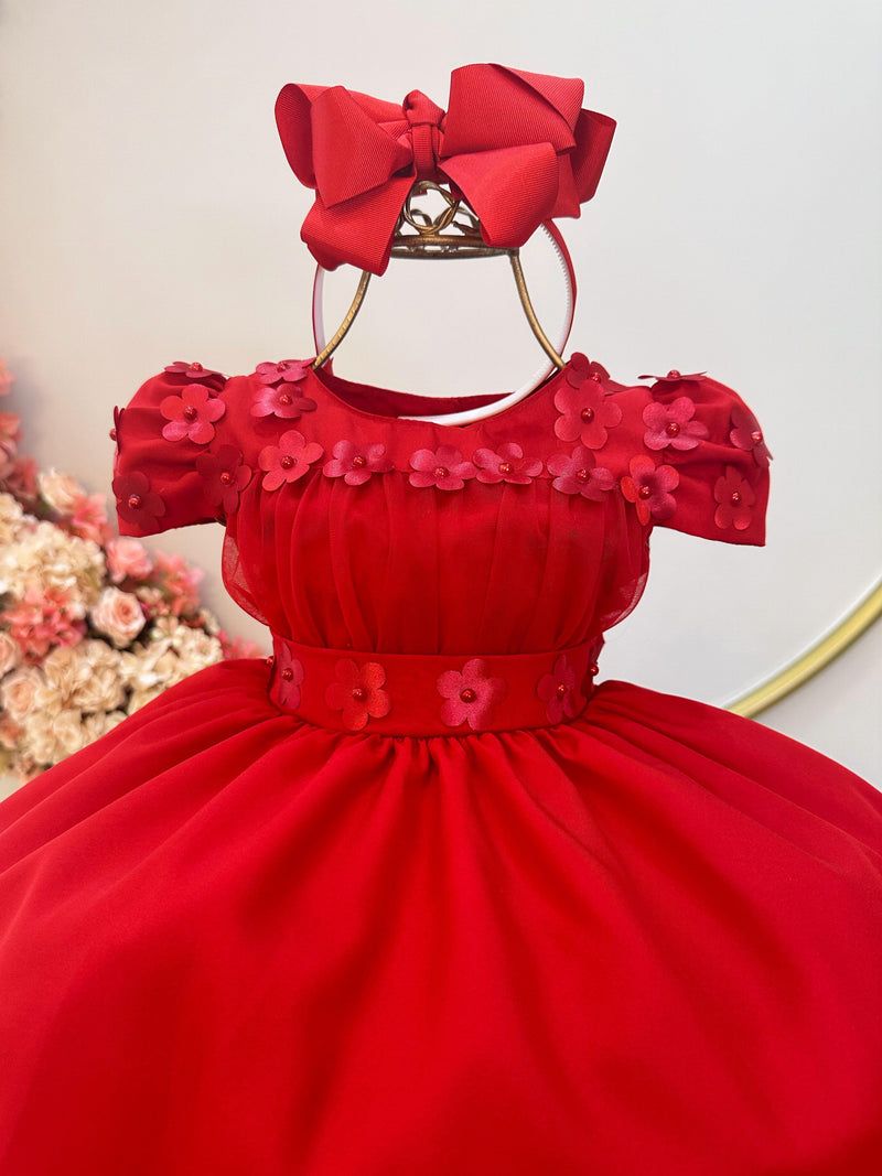 Vestido Infantil Vermelho C/ Busto Tule e Aplique de Flores