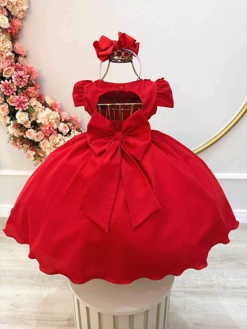 Vestido Infantil Vermelho C/ Busto Tule e Aplique de Flores