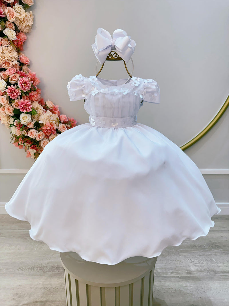 Vestido Infantil Branco C/ Busto Tule e Aplique de Flores