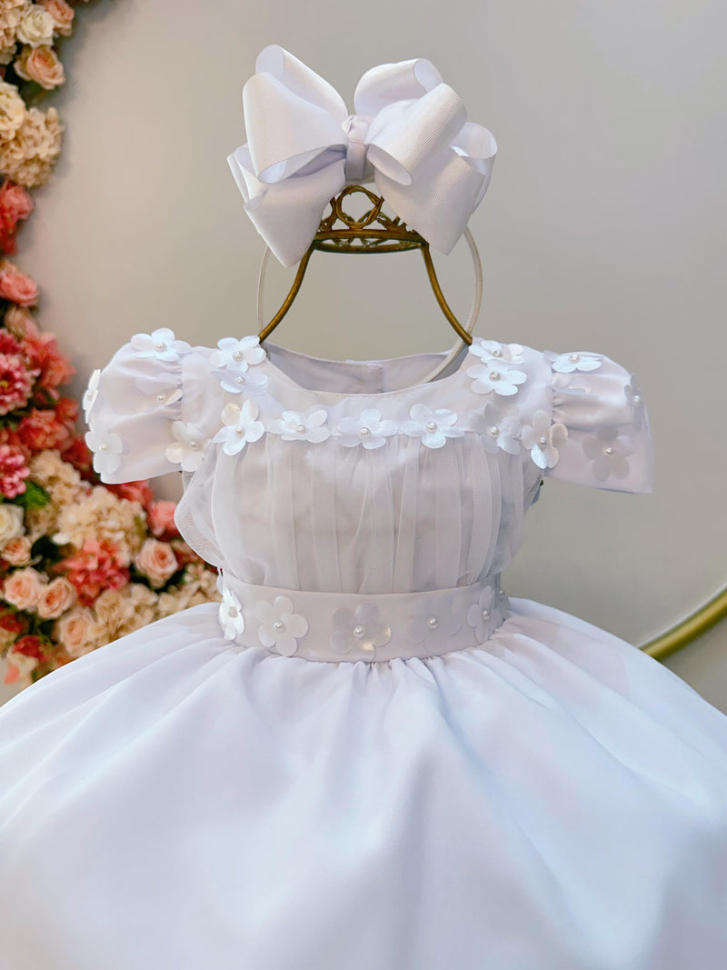 Vestido Infantil Branco C/ Busto Tule e Aplique de Flores