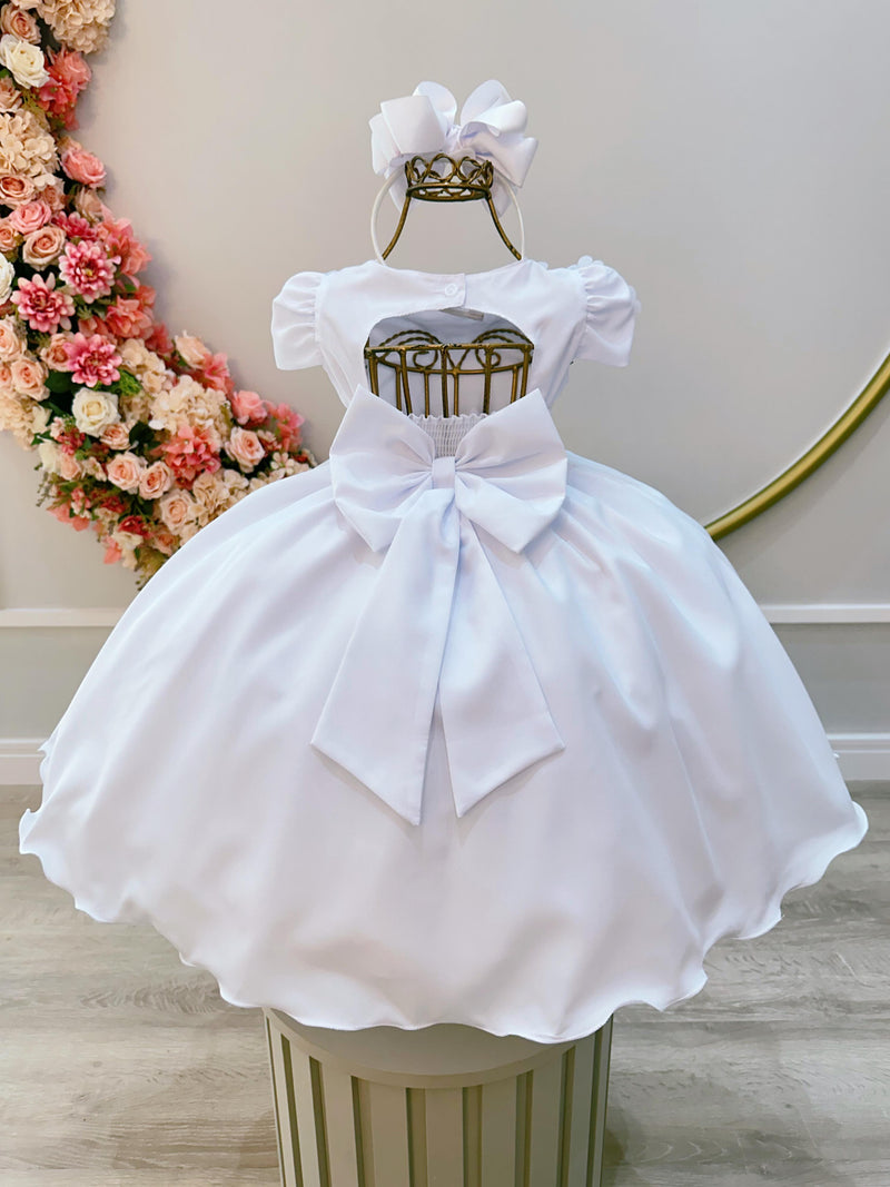 Vestido Infantil Branco C/ Busto Tule e Aplique de Flores