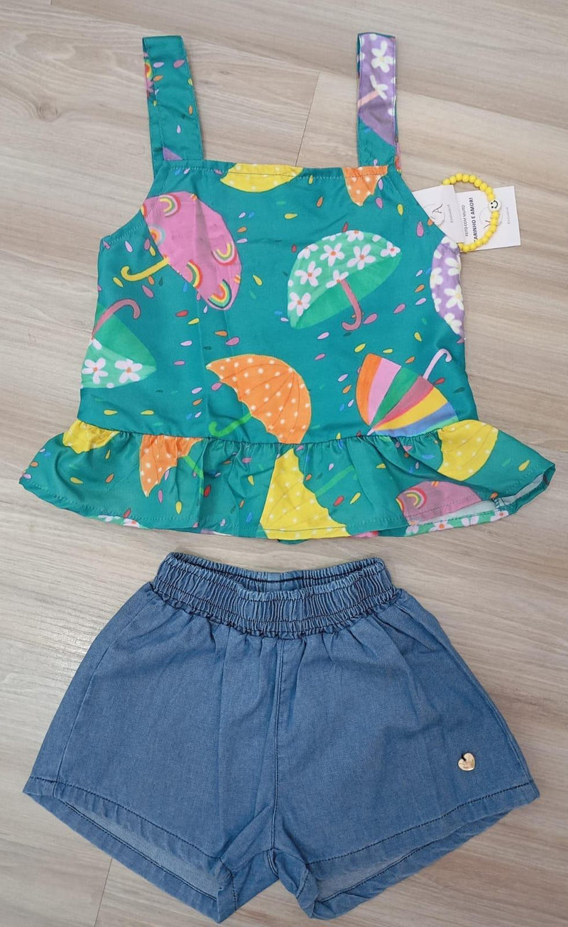 Conjunto Meninas Verde Colorido C/ Short Jeans e Pulseira